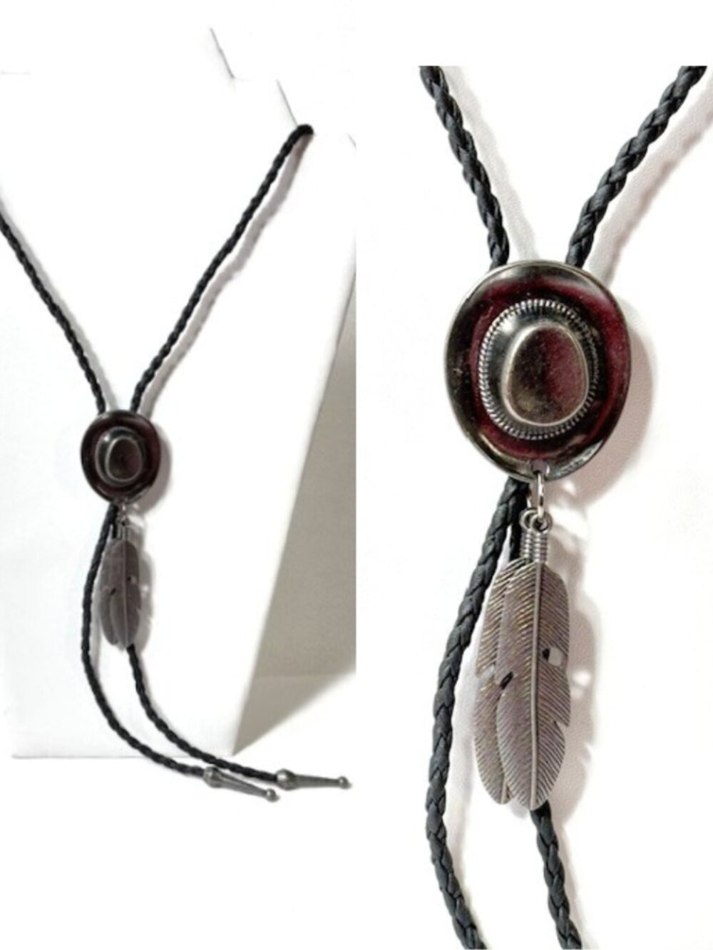 Pewter-tone cowboy hat and feather with black cord western cowboy bolo tie.
